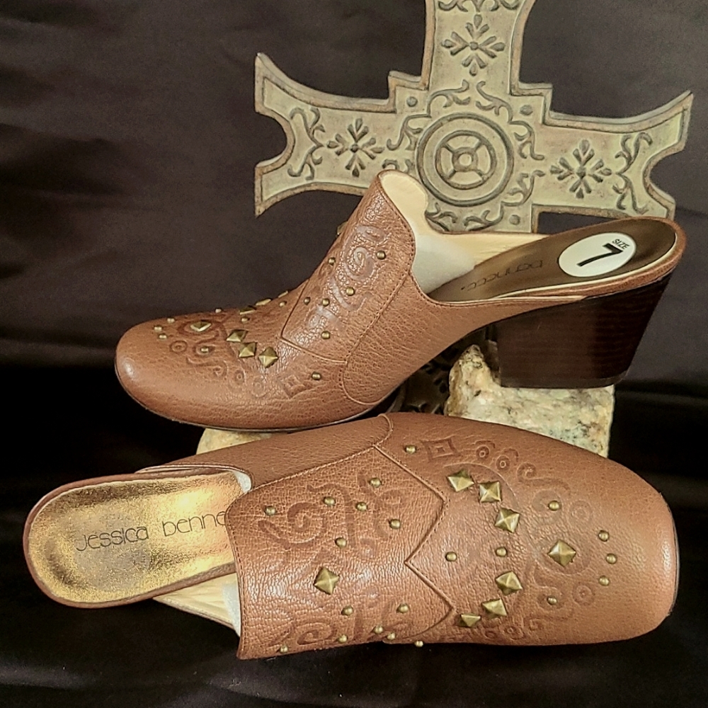JESSICA BENNETT Mules Jcoral 7M Brown Brass Western Style Clogs Slip On Heels